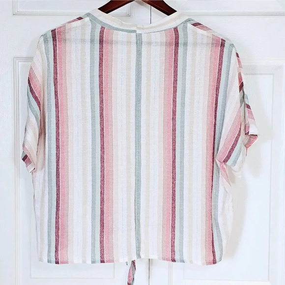 Elan Twist-Front Button Blouse Medium Striped Pink Blue V-neck Cropped Linen - Picture 5 of 5